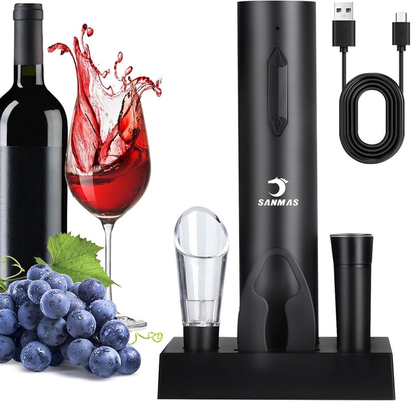 SUNMAS Rechargeable Electric Wine Opener Set, 5-in-1 Automatic Corkscrew with Foil Cutter & Wine Aerator Pourer, 2 Vacuum Stoppers, Type-C Cable & Stand | Complete Wine Accessories Kit Gift Box - Image 1